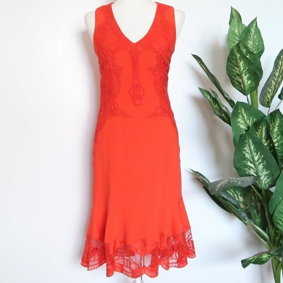 Jonathan Simkhai Red V-neck Sleeveless Lace Appliqué Crepe Cocktail Dress 4 - Picture 4 of 15